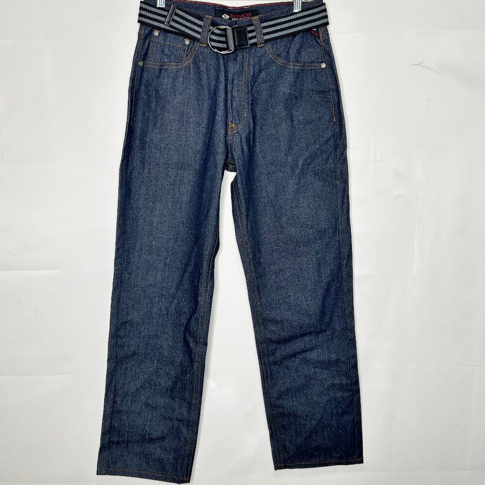 VTG Enyce Men Jeans 29x30 Blue Dark Straight Leg High Waist w/ Belt Logo Hip Hop